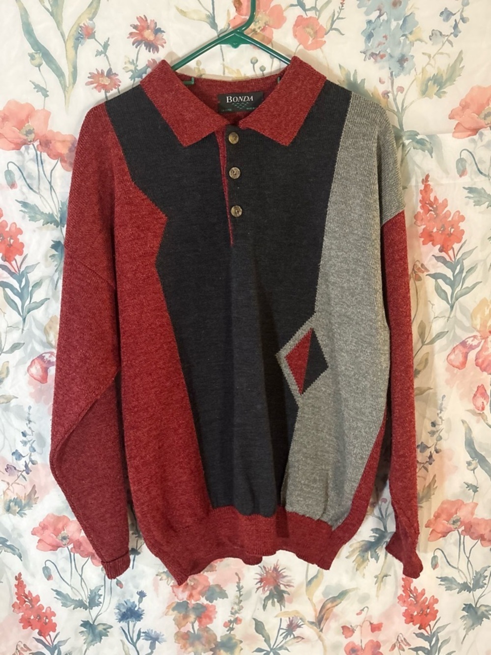 Vintage Men’s Colorblock Polo Sweater in Burgundy, Charcoal & Gray